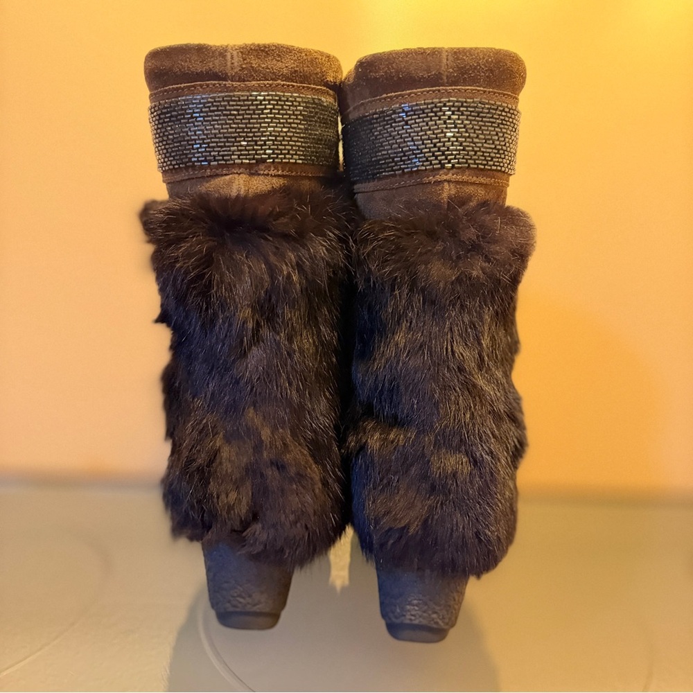 Coach Maryann Angora Brown Suede Fur PomPom Wedge Heel Boots - Picture 2 of 6